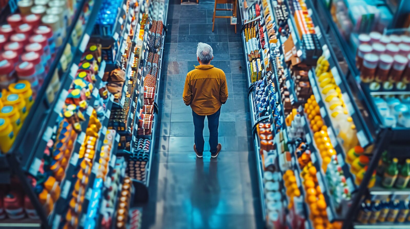 Mann steht zwischen den Regalen im Supermarkt - Nachhaltiges Wirtschaften in der Praxis am Beispiel der Konsumgüterindustrie