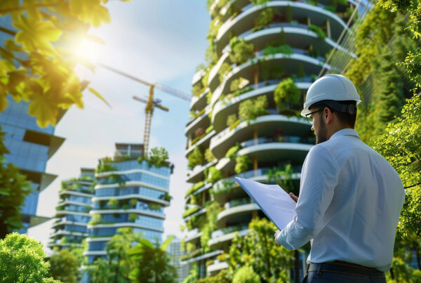 Architekt zwischen Hochhäusern die mir viel Grün versehen sind.